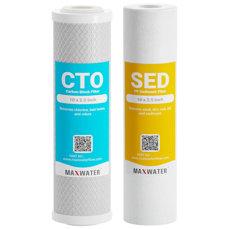 Max Water 5 Micron Replacement Water Filter Set 10â€ x 2.5â€ Sediment & Carbon Block (PP + CTO), Set of 2 for Standard RO & Whole House Water Systems - Image 1